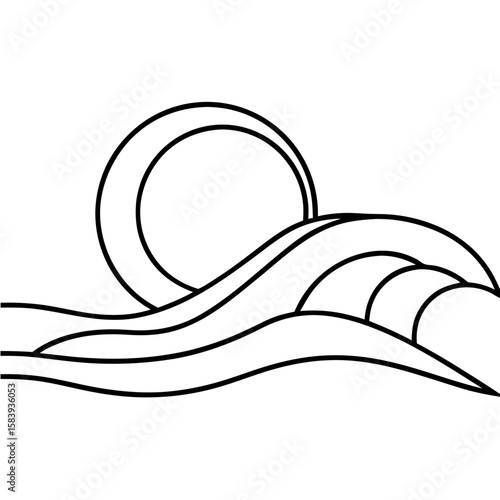 Simple ball-on-wave design featuring stylized sun over gentle ocean waves, perfect for summer themes. Ball-on-wave scene evokes sense of peacefulness with its minimalist outlines and shapes.