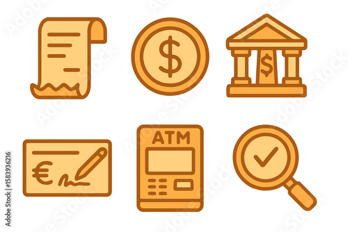 Finance icons in light and dark orange shades: receipt roll, dollar coin, bank, check, ATM, magnifier. Flat cartoon style on transparent.