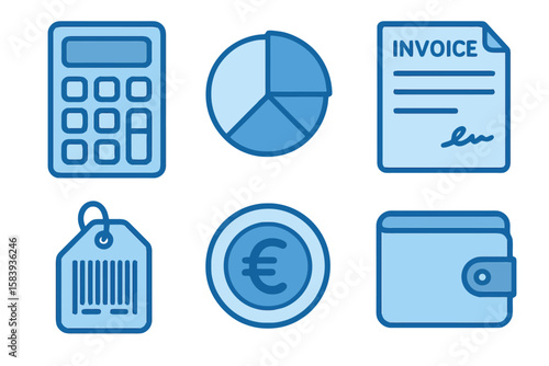 Finance icons in light and dark blue shades: calculator, pie chart, invoice, barcode, euro coin, wallet. Flat cartoon style on transparent.