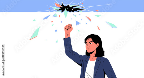 Breaking Barriers Woman Empowered to Shatter Glass Ceiling Illustration