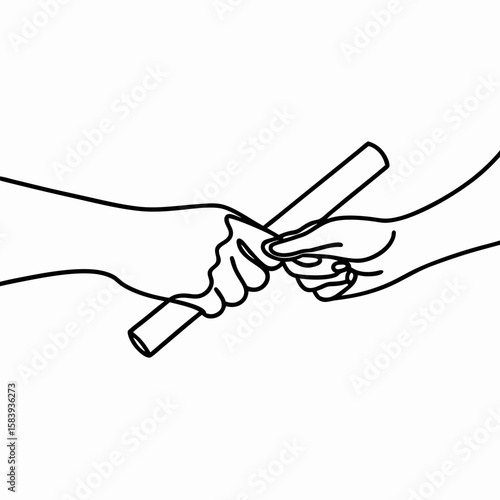 Relay race baton pass shown in minimalist line art drawing, illustrating teamwork and coordination. Baton pass signifies shared goals, illustrating collaboration and precision.
