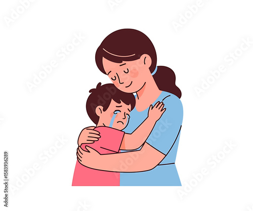 Mother Comforting Sad Child A Gentle Embrace During Tough Times (Illustration)