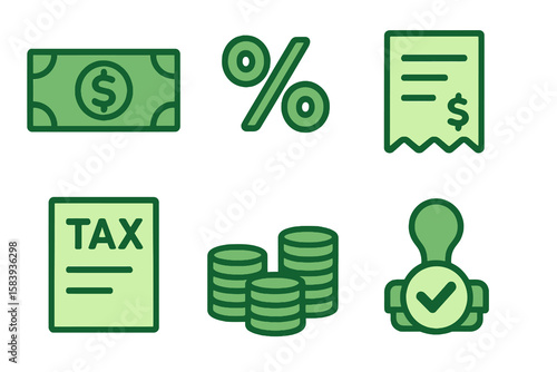 Finance icons in light and dark green shades: dollar bill, percentage, receipt, tax form, coins, checkmark stamp. Flat cartoon style on transparent.