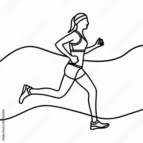 Woman-jogging scene, a line drawing of female athlete running outdoors. Woman-jogging silhouette in sportswear, expressing health and fitness, with dynamic motion and energy.