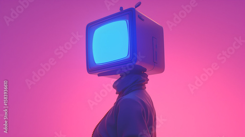 Retro Television Humanoid: A conceptual piece where a figure with a retro television for a head stands against a gradient background, evoking themes of technology, media.