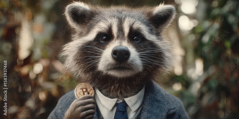 Obraz premium Anthropomorphic Raccoon Entrepreneur Holding Bitcoin Token Symbol of Digital Finance
