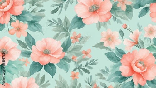 Wallpaper Mural Floral pattern with coral flowers on mint green background   Torontodigital.ca