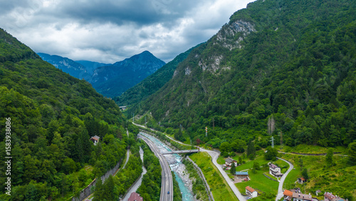 Tablou pe pânză Scenic aerial view of Ciclovia Alpe Adria through Pietratagliata and gorge, Ital