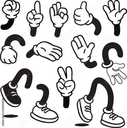 Retro cartoon legs and hands, Hands with gloves and feet with boots, various poses for characters, a set of poses, gestures, placement of hands and feet. Mascot character set. Cartoon set of limbs.