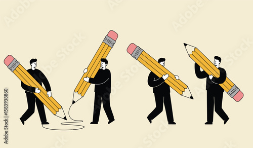 People Carrying Giant Pencils Creative Writing Education and Teamwork Concept Illustration