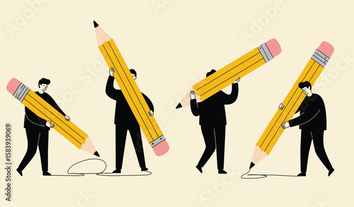 Creative Teamwork People Holding Giant Pencils Drawing Together Illustrative Concept