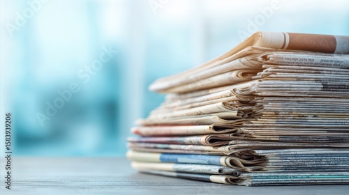 The stack of vintage newspapers neatly arranged on a wooden surface