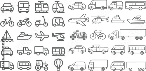 Commercial vehicles line icon set. Vector pictograms of container, pallet, forklift, plane, drone, helicopter, ship, train, cargo truck, warehouse, thin linear illustration. Vector EPS 10.