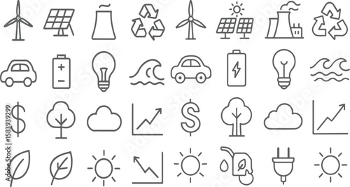 Renewable energy and low emission sustainable power system line icon set. Clean energy generation and grid infrastructure vector illustration including solar, wind, hydrogen and EV charging.