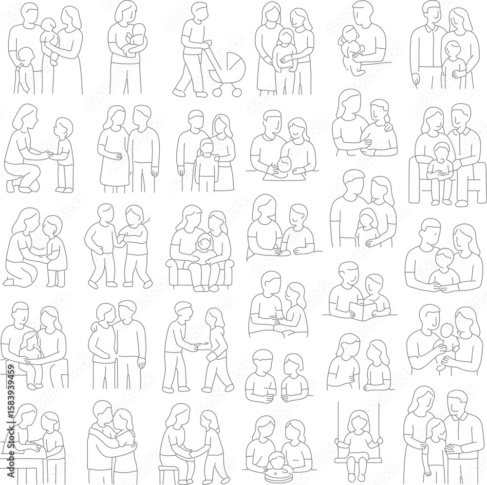 Fototapeta premium Family and parenting line icon set. Vector pictograms of couples, single parents, children, elderly, baby, newborn, teenager thin linear illustration. Vector EPS 10