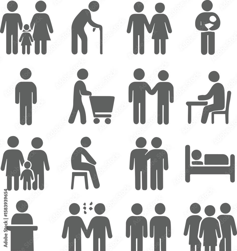 Fototapeta premium Family, relationship icon vector set. Vector glyph pictograms of couple, parent, child, elderly people, pregnancy, parenting, community, single mother, social care black silhouette illustration. 