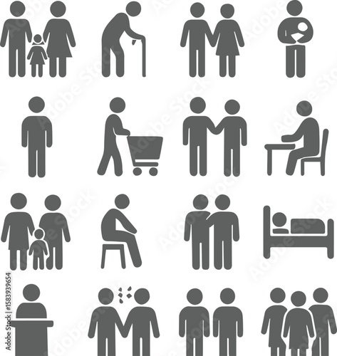 Family, relationship icon vector set. Vector glyph pictograms of couple, parent, child, elderly people, pregnancy, parenting, community, single mother, social care black silhouette illustration. 