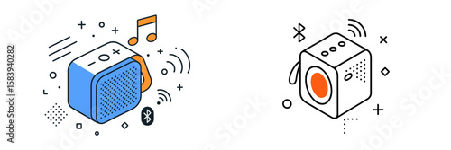 Colorful illustrations of portable Bluetooth speakers with sound waves and musical notes in a fun artistic style