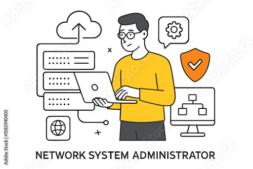 Network system administrator performing tasks on a laptop while managing network configurations and security elements