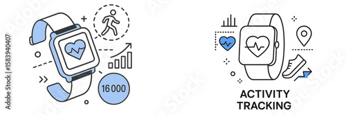 Wearable technology for fitness tracking displaying heart rate and step count with graphs and location indicators in a simple design