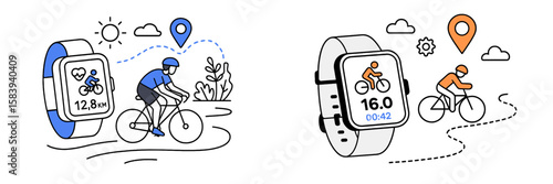 Cyclists track distance and heart rate using smartwatches in an outdoor setting during daytime activities
