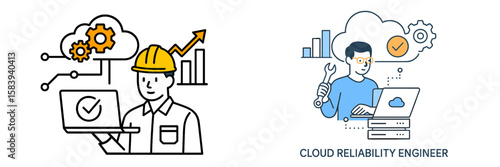 Cloud reliability engineer working on laptop with data metrics and server in tech illustration