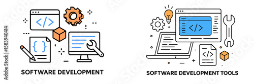 Various tools and elements representing software development practices and processes for creating applications and systems