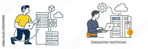 Two datacenter technicians performing tasks with servers and cloud technology at a modern data facility