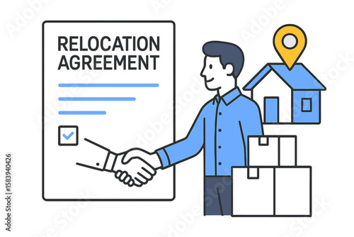 Individual signs relocation agreement while shaking hands and preparing for moving at a new home