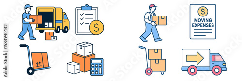 Moving logistics and expenses management process illustrated with delivery icons and tools for efficient packing and transport