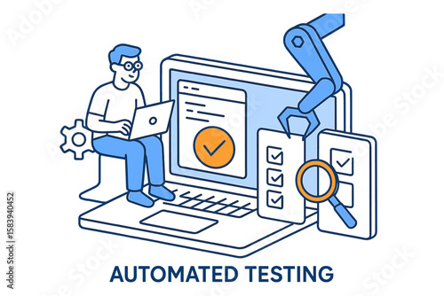 Illustrating automated testing with a character using a laptop and robotic arm checking software on a screen at a modern workspace