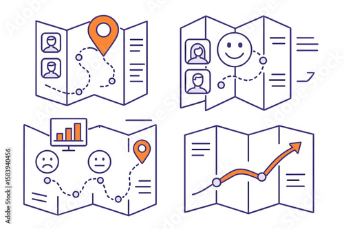 Map design illustrating user journey with emotions, data visualization, and guided pathways