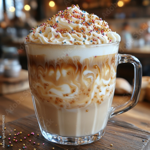A cup of coffee with whipped cream and sprinkles.