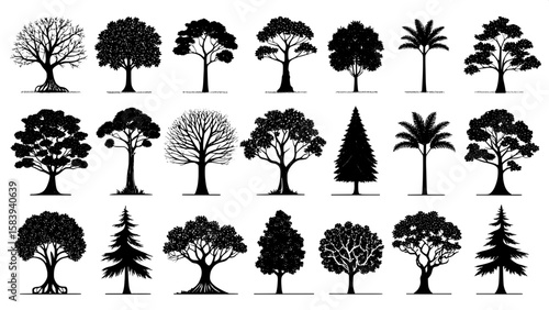A grid of black silhouette tree icons viewed from the side, each representing a different species with unique trunks and canopies. The trees are evenly spaced on a white background, and the style is f