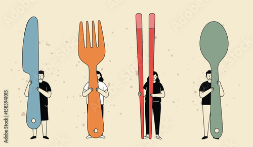Woman holding oversized fork and chopsticks conceptual illustration of cultural food preferences