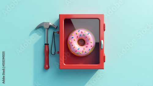 Pink Sprinkled Donut in Red Emergency Box with Hammer and Chain: Playful, Minimalist 3D Render