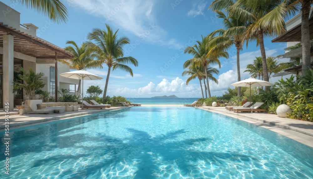 Tropical pool scene with clear blue water, surrounded by palm trees, white buildings. Large palm tree in foreground stands tall, fronds swaying in breeze. Peaceful atmosphere, clear blue sky with Tropical pool scene with clear blue water, surrounded by palm trees, white buildings. Large palm tree in foreground stands tall, fronds swaying in breeze. Peaceful atmosphere, clear blue sky with