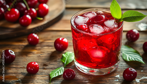 Juicy fresh cherry beverage with an abundance of ripe cherries on rustic wood surface
