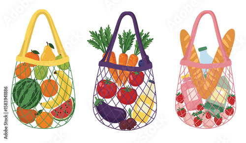 Colorful reusable grocery bags filled with fresh fruits and vegetables illustration