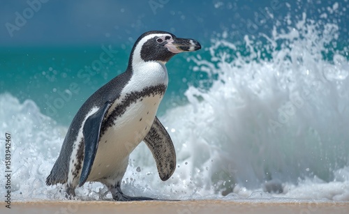 Penguin on sandy beach, waves splashing