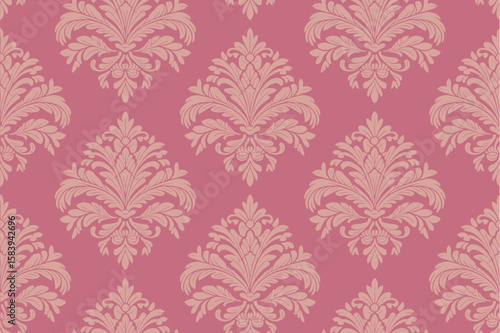 Elegant damask wallpaper with a pink background and ornate floral pattern creates a vintage and sophisticated design.