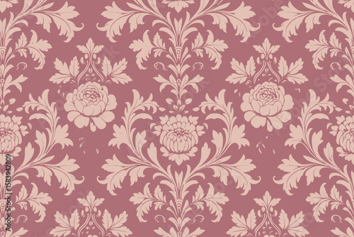 Victorian floral pattern with stylized flowers and acanthus leaves in muted rose and pale pink colors evokes vintage elegance.