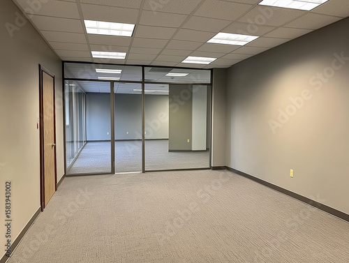 Empty Office Space:  Clean, bright commercial real estate ready for tenants, with glass dividers, carpet and drop ceiling.