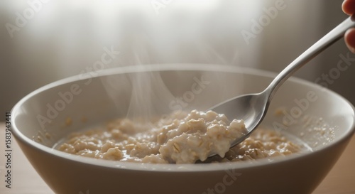 Steaming bowl of oatmeal being stirred with a spoon in natural light  