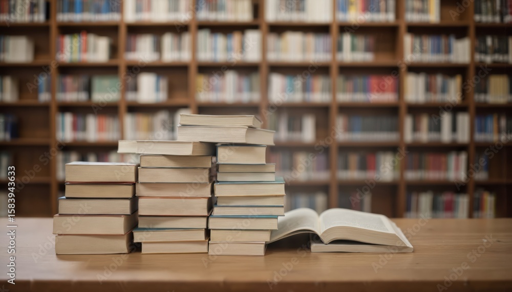 Fototapeta premium Wooden table in library filled with books, binders. Books vary in size, stacked haphazardly. Large bookshelf in blurred background holds rows of books, binders. Neutral color palette. Wooden texture,
