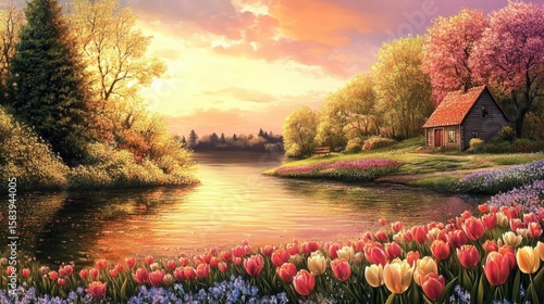 Spring tulips bloom.