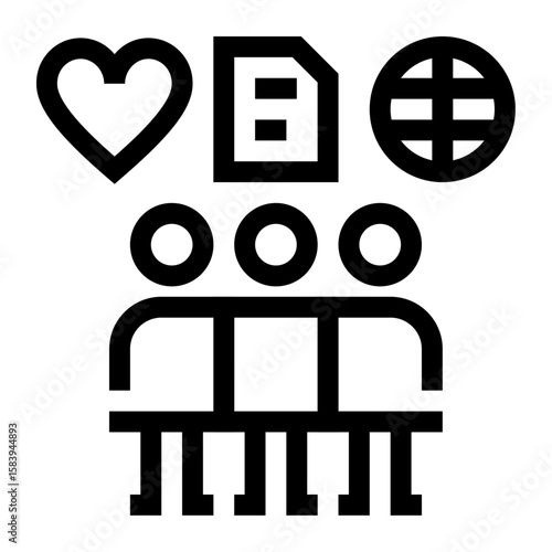 Icono de impacto social. Acciones colectivas con empatía y compromiso. Personas con íconos de corazón, hoja, mundo. Ilustración vectorial