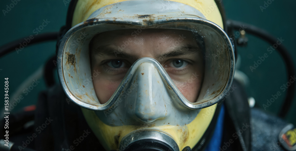 Fototapeta premium Scuba diver in white wetsuit looks through dirty goggles at ocean blue-green background. Diver face close-up, focused, pro. Explorer in deep sea, sport, adventure, hobby. Equipment, gear,