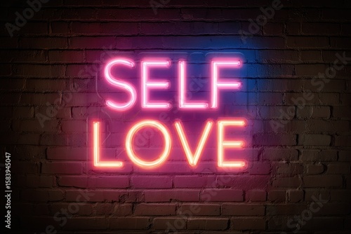 Illuminated Self-Love Inscription in Neon Glow Against Brick Wall at Night