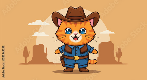 Cute Cartoon Cat Wearing a Cowboy Hat and Outfit in the Wild West